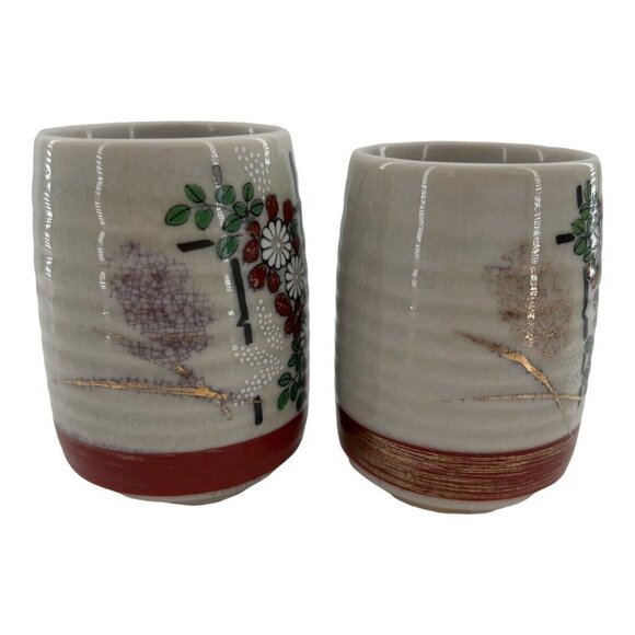 Kutani Porcelain Japanese Tea Cups Ikebana Set of 2 Floral Arrangement - Picture 4 of 9